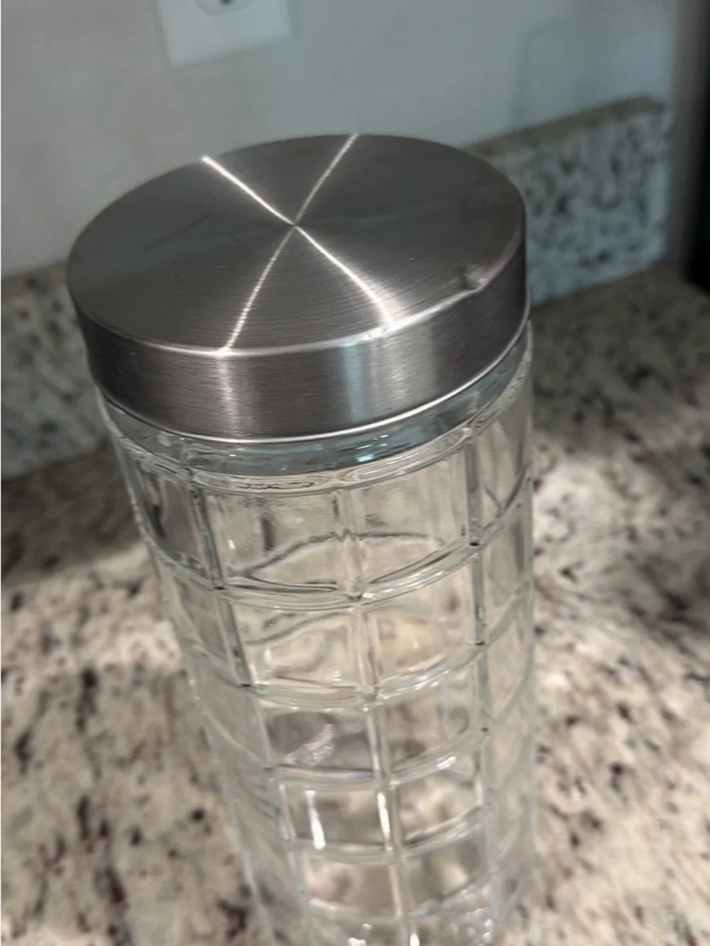 Clear Glass Grid Canister with Silver Lid
